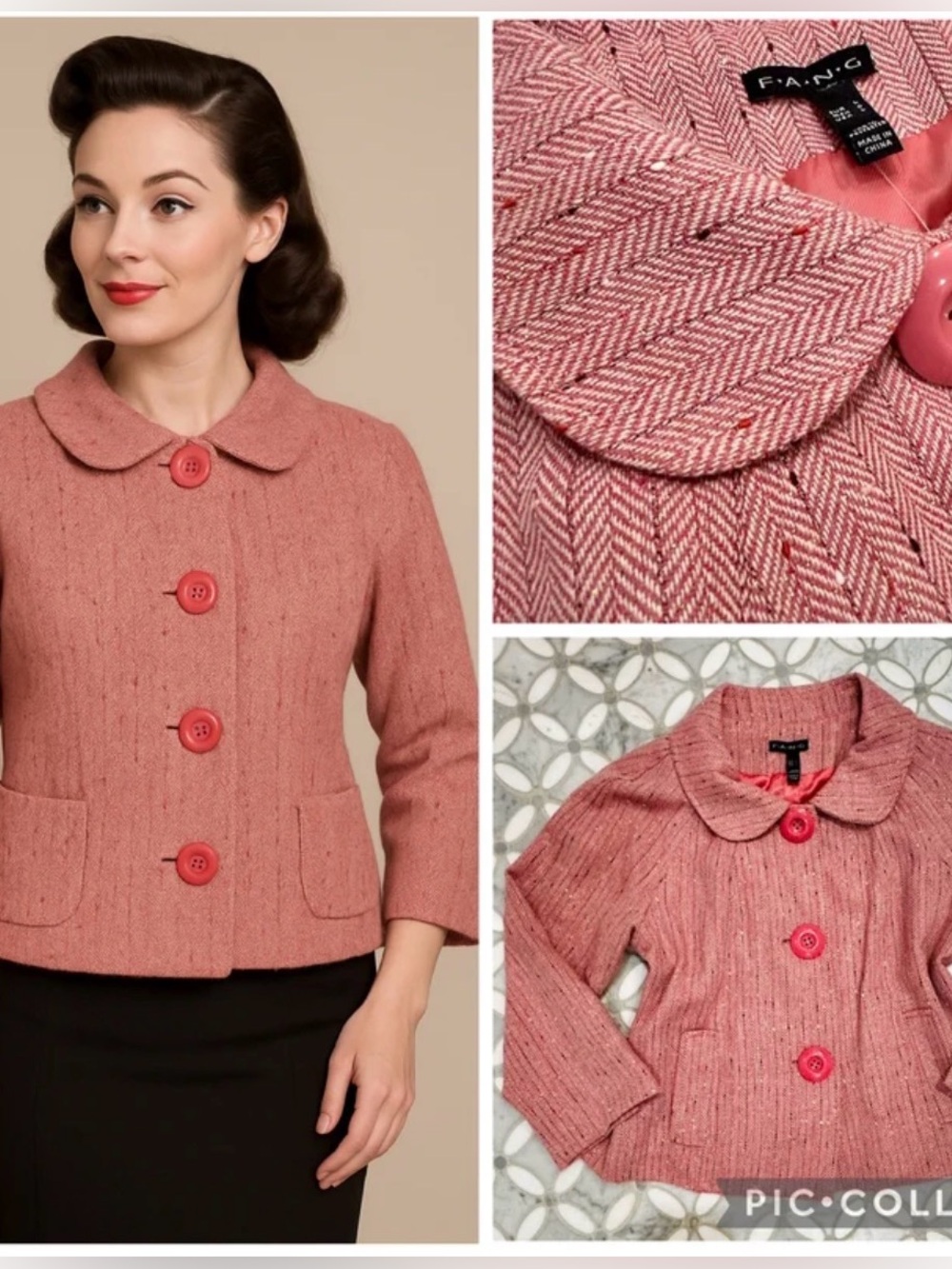 NWT Vintage 90s Fang Pink Herringbone Cropped Blazer Jacket 3/4 Sleeve L